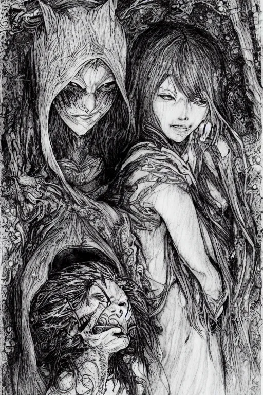 Image similar to portrait of a beautiful little red riding hood sobbing, tears run down her cheeks, as a terrifying werewolf emerges from her back, pen and ink, intricate line drawings, by Yoshitaka Amano, Ruan Jia, Kentaro Miura, Artgerm, watercolor