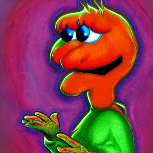 Image similar to portrait of a psychadelic elmo cracked out of his mind