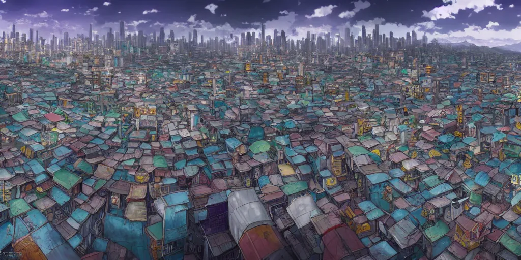 Prompt: Anime vajrayana Tibetan cityscape, Ghost in the Shell, Tekkonkinkreet, favelas, temples, cinematic matte painting concept art