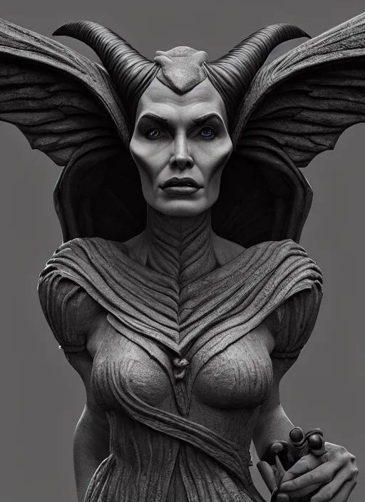 Image similar to stoic statue of maleficent, aesthetic, naturel, symmetrical face, hyper detailed, digital sculpture, trending in artstation, cinematic lighting, studio quality, smooth render, unreal engine 5 rendered, octane rendered