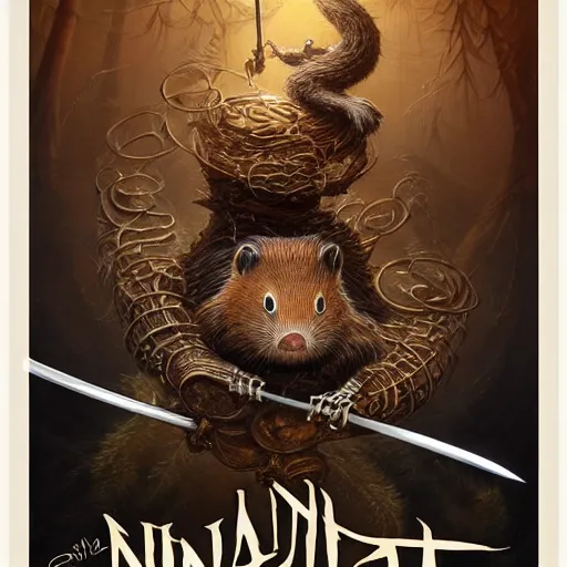 Image similar to a beautiful detailed 3d matte movie poster of a ninja beaver, by ellen jewett, by tomasz alen kopera, by Justin Gerard, ninja outfit, visible beaver tail, shiny katana sword, dollar bills, ominous, magical realism, texture, intricate, skeleton, whirling smoke, radiant colors, fantasy, volumetric lighting, high details