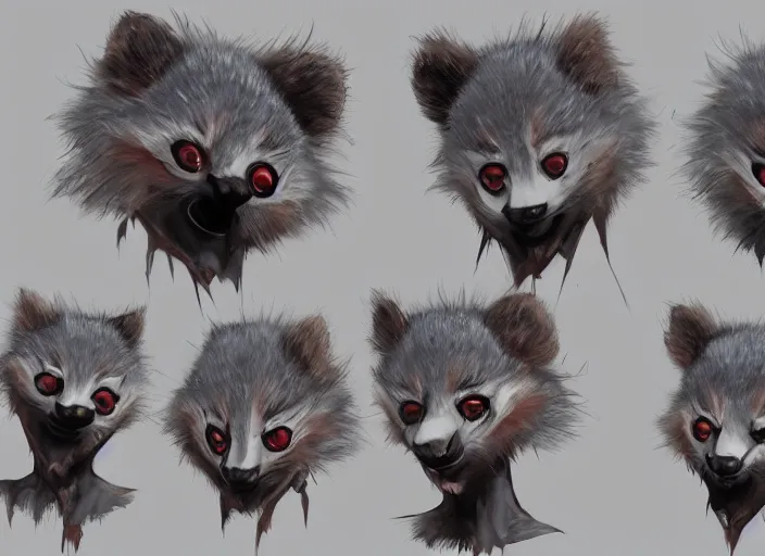 Image similar to award - winning detailed concept art of a creepy clown anthropomorphic raccoon character wearing clown makeup face paint. art by wlop on bcy. net, realistic. detailed fur, art by cheng yi. artstationhd, artgerm, 3 dcg, pixar zootopia. 3 d rendering, high quality model sheet, disney. model sheet detailed