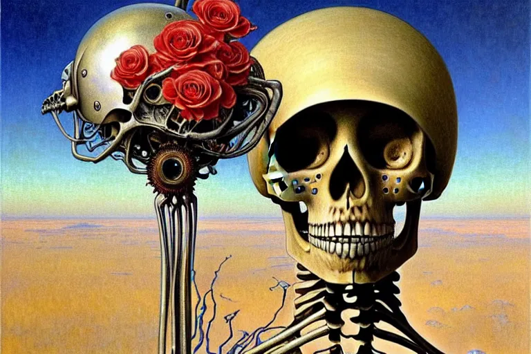 Image similar to realistic detailed portrait painting of a skeleton with a single rose wearing sci-fi helmet in a dystopian desert by Jean Delville, Amano, Yves Tanguy, Alphonse Mucha, Ernst Haeckel, Edward Robert Hughes, Roger Dean, rich moody colours, blue eyes