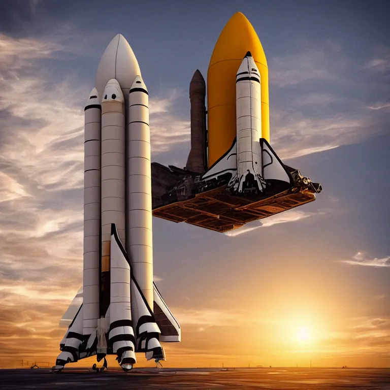 Image similar to “overly complex space shuttle about to blast off from the launch pad, concept art, high-def render, beautiful 3D render, yellow morning sunrise, 4K 3D”