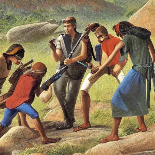 Prompt: schoolbook image of ancient humans discovering guns near a rock.