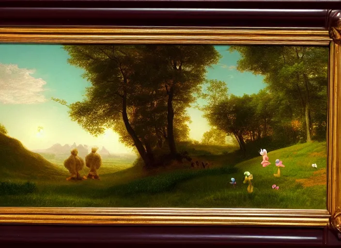 Image similar to american realist romanticism landscape painting of teletubbies in the style of hudson river school and thomas cole and albert bierstadt and robert duncanson