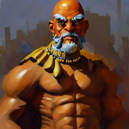 Image similar to greg manchess portrait painting of partially armored dhalsim from street fighter as overwatch character, medium shot, asymmetrical, profile picture, organic painting, sunny day, matte painting, bold shapes, hard edges, street art, trending on artstation, by huang guangjian and gil elvgren and gerald brom