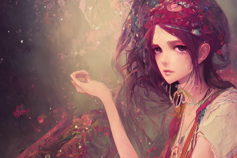 Prompt: a beautiful bohemian girl, intricate, highly detailed, digital painting, pixiv, human, official media, anime key visual, concept art, rich vivid colors, ambient lighting, sharp focus, illustration, art by wlop