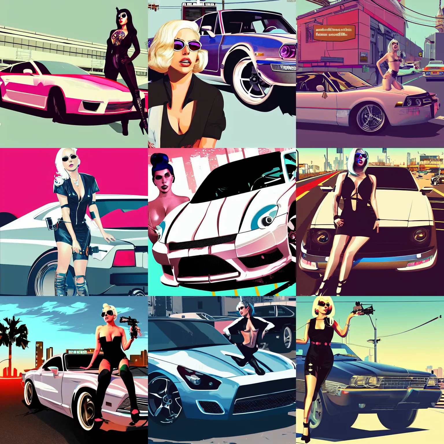 Prompt: lady gaga in gta v, car in the background, cover art by stephen bliss, vector art, detailed, artstation, no text