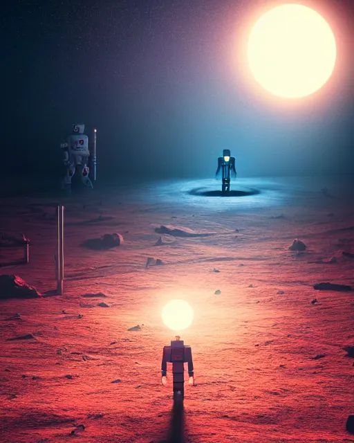 Image similar to a robot standing in front of a glowy open door that's on a barren moon, poster art by mike winkelmann, trending on cg society, space art, sci - fi, ue 5, futuristic, volumetric lighting, light casting onto the ground, neat composition and camera angle