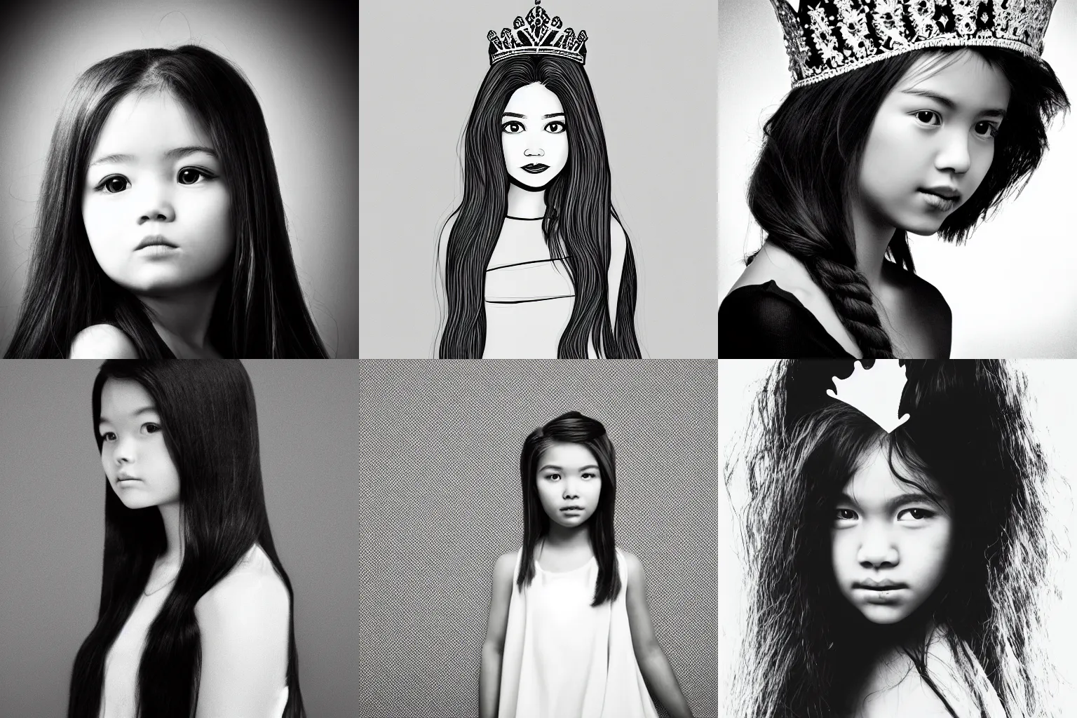 Prompt: minimalistic black and white graphical propaganda mukha portrait of a young princess with beautiful hair