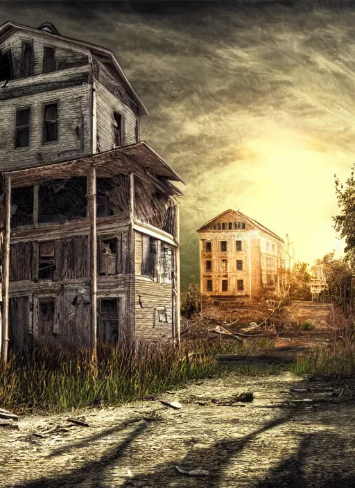 Image similar to abandoned town, one survivor, photorealistic, sunshine, digital painting