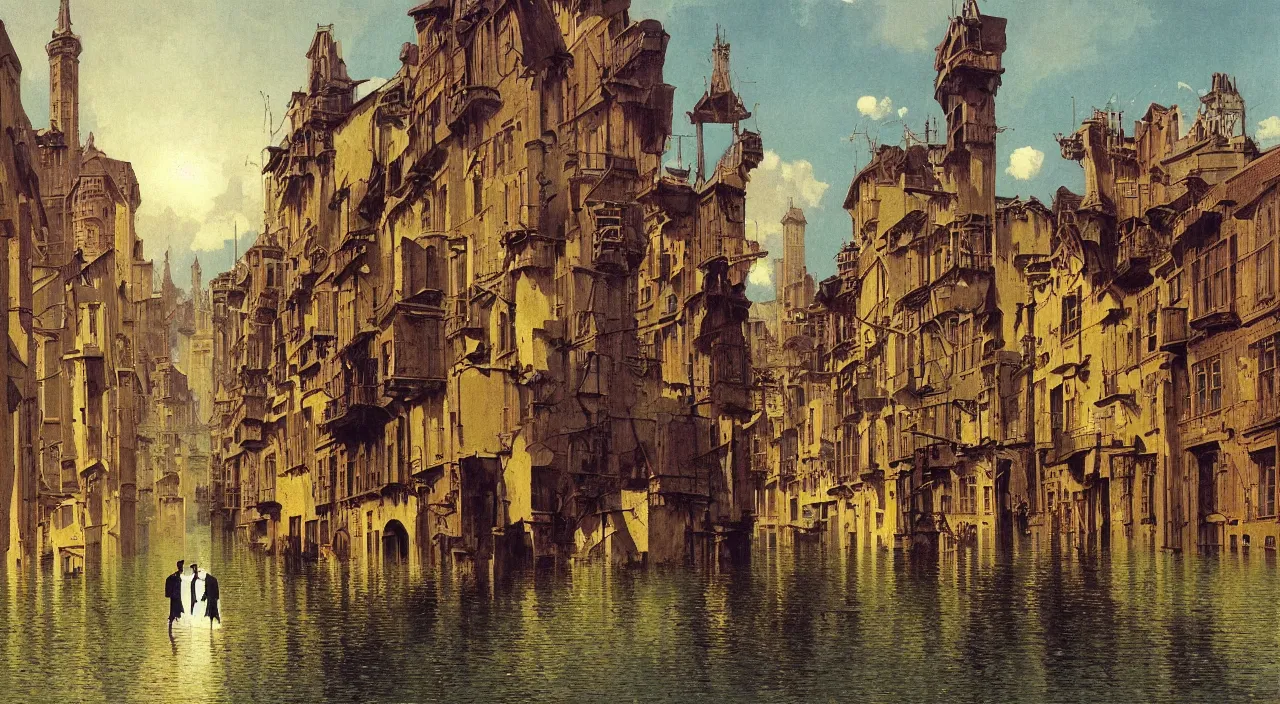 Image similar to flooded empty!! street, very coherent and colorful high contrast!! masterpiece by bruce pennington carl spitzweg rene magritte, full - length view, hard lighting, black shadows, sunny day, minimalist, vivid colors, symmetry, great composition, high detail, cinematic lighting