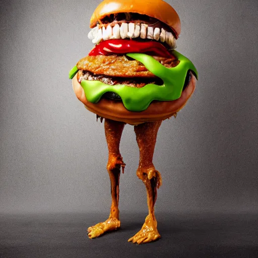 Prompt: a humanoid bipedal upright zombie that strongly resembles a hamburger, professional food photography