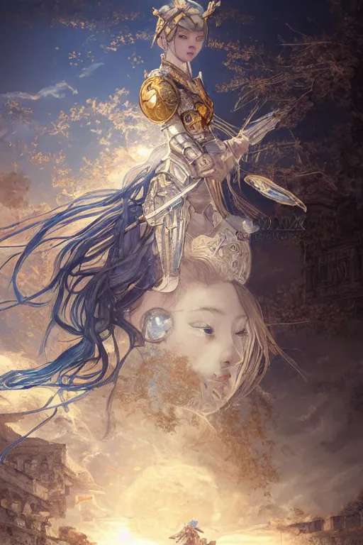 Prompt: portrait knights of Zodiac girl, Chinese Blue and white porcelain reflected armor, in ruined Agora of Athens sunrise, ssci-fi, fantasy, intricate, very very beautiful, elegant, golden light, highly detailed, digital painting, artstation, concept art, smooth, sharp focus, illustration, art by tian zi and WLOP and alphonse mucha