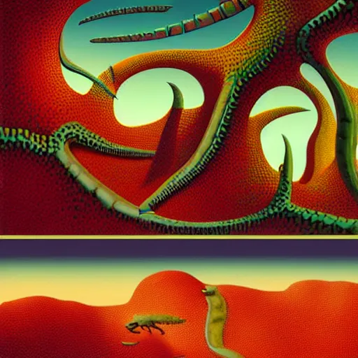 Image similar to striking colours vivid gaps holes neonothopanus creatures landscape art by roger dean, valley jagged arches, reflections, art by michael whelan, liquidart organic textures, seedpods, art by kilian eng, moebius artwork, futuristic by roger dean hires 8 k detailed natural textures