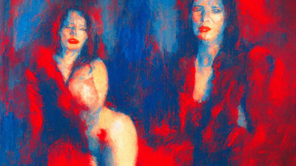 Image similar to portrait of rebekah delrio in mulholland drive, blue and red lights painted by craig mullins