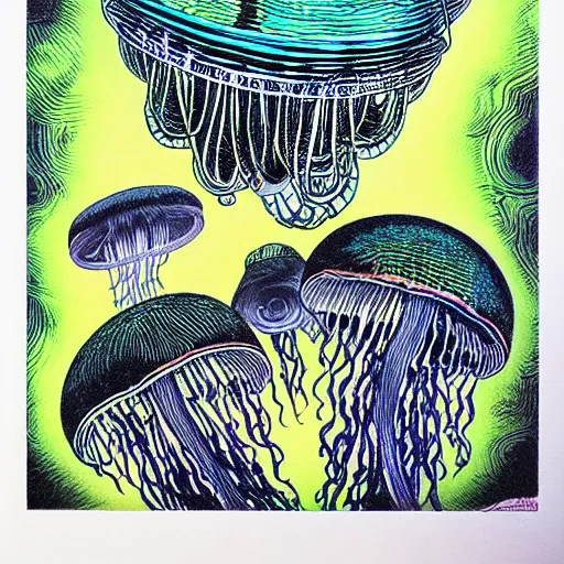 Prompt: cell shading jellyfish on black paper, vivid colours, by moebius, hiroshi yoshida, druillet