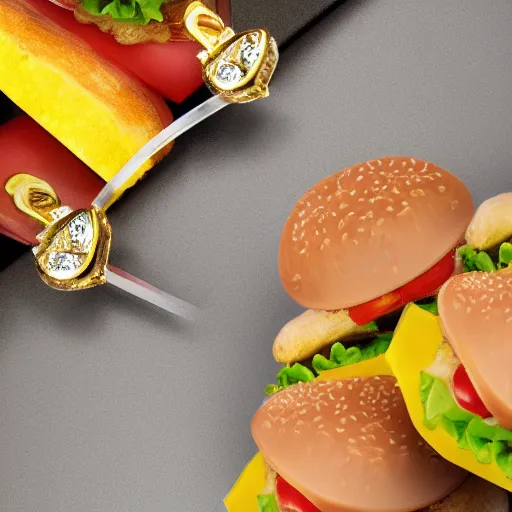 Image similar to cheeseburger gems fine jewelry. 4 k, product lighting, dramatic lighting.