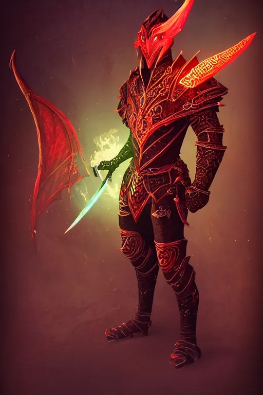 Image similar to beautiful, digital art of an elegant, intricate, beautiful, colourful, archer, black draconic - leather, with red glow - spots, full body armor. artstation, rpg, beautiful complex background. runescape, skyrim. by milica celikovic, yann blomquist, neil richards, zoltan z hegedus, thomas karlsson