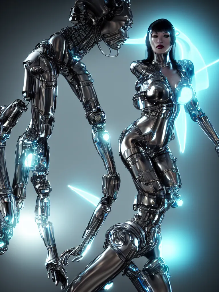 Image similar to cinematic, photography, medium shot, portrait, a beautiful betty page cyborg, perfect chromium bionic body, holographic ui data displays, hud interface, floating power cables, hajime sorayama, h. r. giger, octane rendered, 4 k, lens flare,