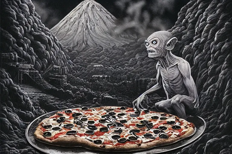 Image similar to a highly detailed gollum making pizza!, a volcano in the background is spewing black smoke, with streams of hot glowing lava flowing, black sky, post - apocalyptic vibe, full body, wide angle, an ultrafine detailed painting by joe fenton, trending on deviantart, pop surrealism, whimsical, lowbrow, perfect symmetrical face, sharp focus, octane, masterpiece