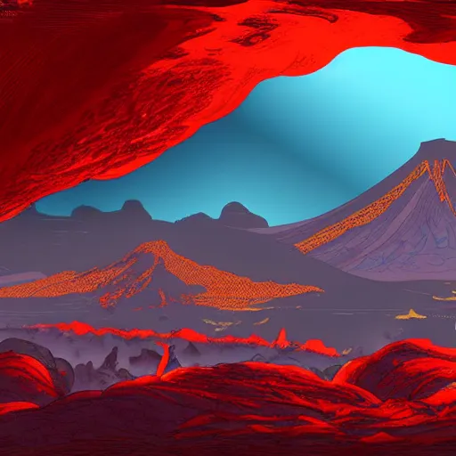 Prompt: a volcanic lava mountain terrain on an alien world, matte painting, dynamic lighting, cel shading