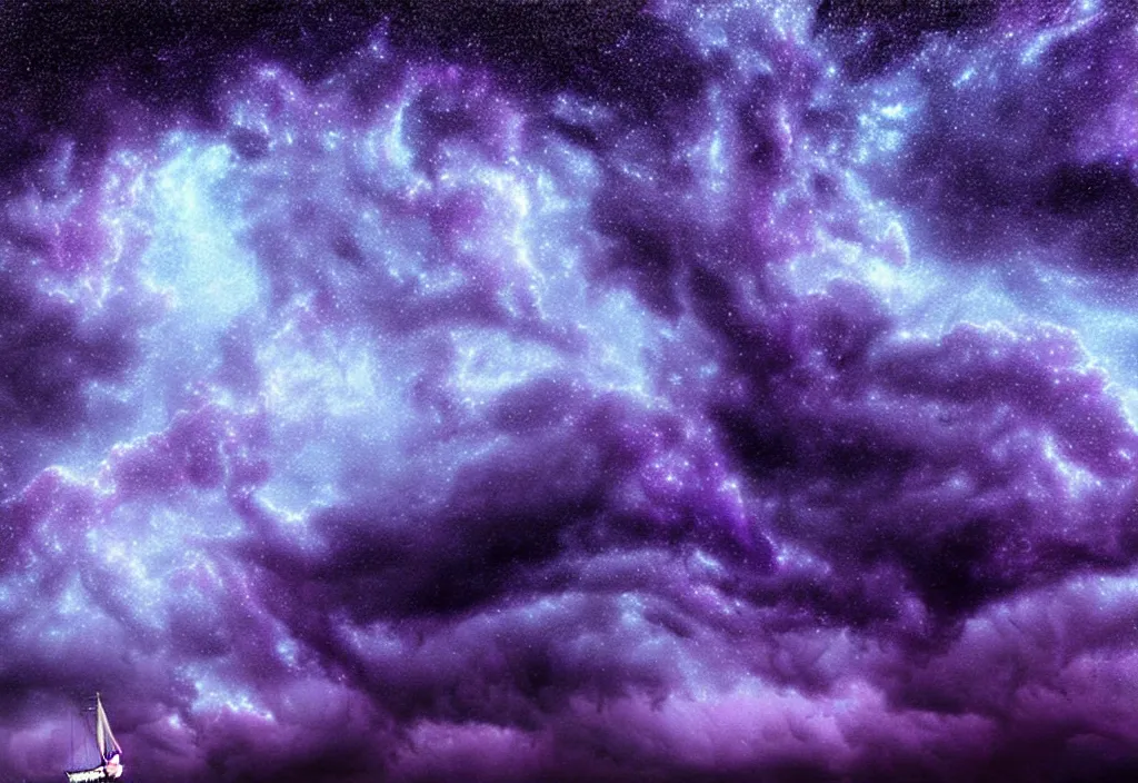 Image similar to purple color lighting storm with stormy sea close up of a pirate ship firing its cannons trippy nebula sky with dramatic clouds painting by banksy Photorealism
