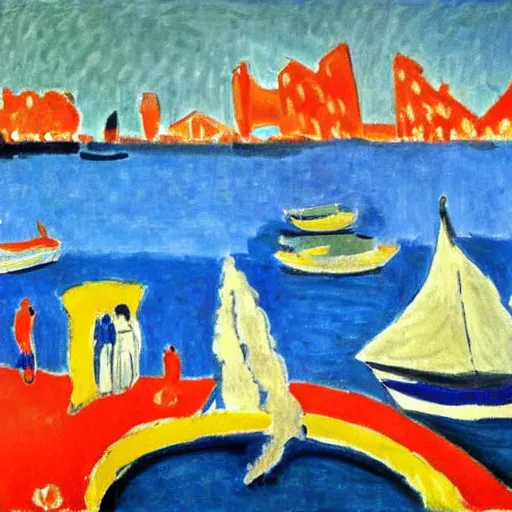 Prompt: a crowded touristy pier painted by henri matisse