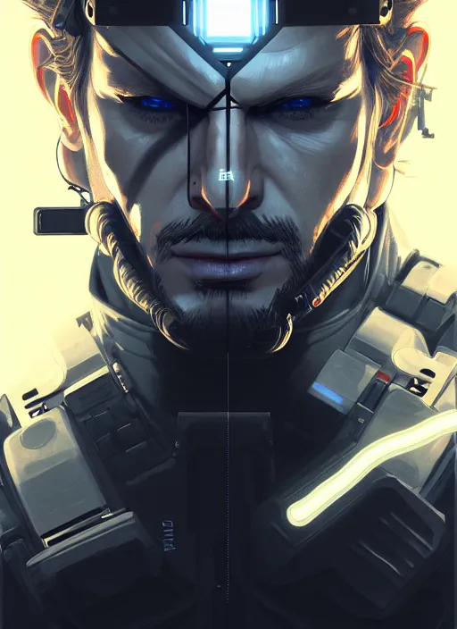 Image similar to symmetry!! portrait of solid snake, metal gear solid, tech wear, glowing lights!! intricate, elegant, highly detailed, digital painting, artstation, concept art, smooth, sharp focus, illustration, art by artgerm and greg rutkowski and alphonse mucha