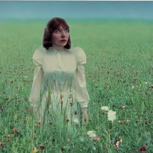 Prompt: a 1 9 7 7 beautiful woman and a 3 d rendering of an anthropomorphic apple in a meadow, color film still 1 9 7 7, tarkovsky