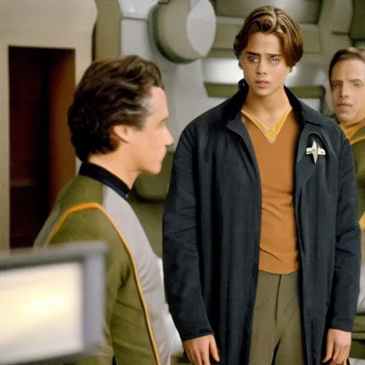Image similar to Cole Sprouse cameos in Star Trek Deep Space Nine, photoshoot in the transporter room 35mm