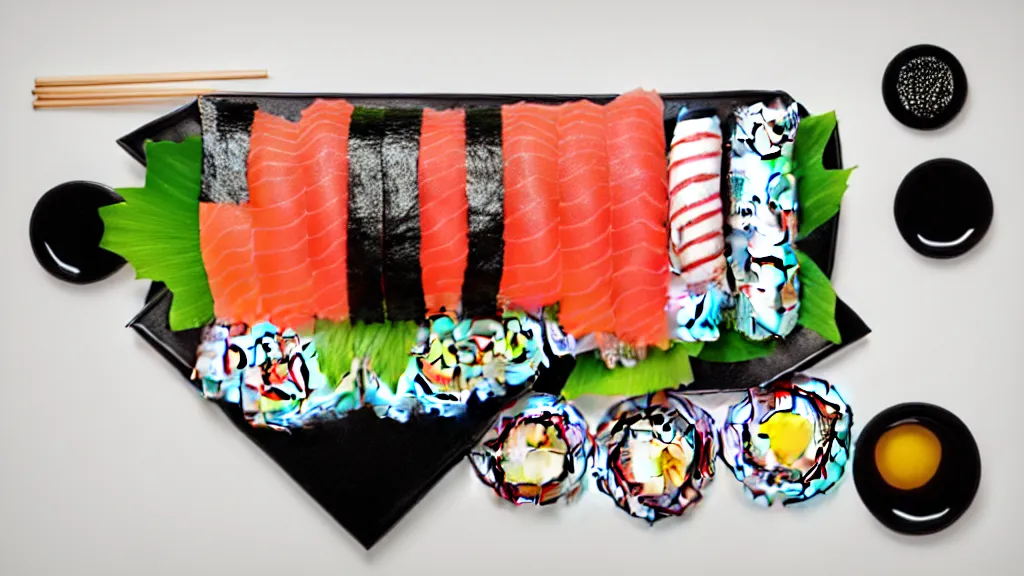 Image similar to an arrangement sushi on a white ceramic platteri, japan, a collage painting, in the style of wes anderson, lola dupre, david hockney, isolated on negative white space background dark monochrome neon spraypaint accents volumetric octane render