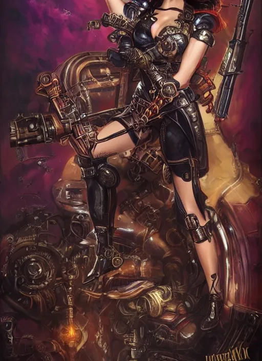 Prompt: front portrait of attractive Adriana Lima as Lady Mechanika holding a shotgun with both hands, Intrincate background with steampunk imagery , D&D!, fantasy style, sharp focus!, ultra detailed, art by Artgerm and Peter Andrew Jones, WLUP