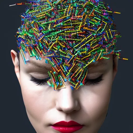 Prompt: hyper realistic woman with a weird head piece on her head, made of paperclips, made of insects, made of feathers, hybrid, bold natural colors, panfuturism, masterpiece, trending on artstation, photograph