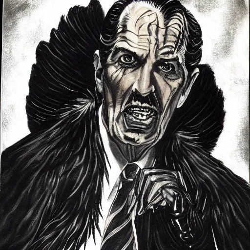 Image similar to vincent price as billionaire howard hughes in long black feathered cloak, black hands tipped with black claws, feathers growing out of skin, being abusive and angry, vivid, mike mignogna, illustration, dynamic and dramatic, highly detailed, rough paper, dark, oil painting