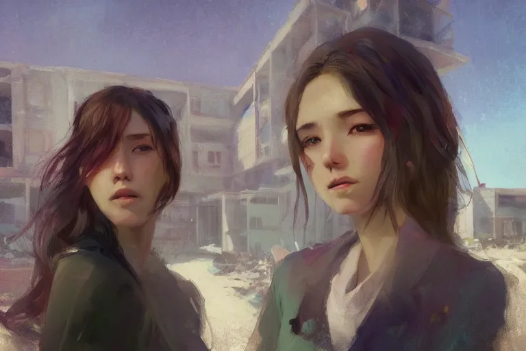 Image similar to digital art of a beautiful girl wearing a shirt standing in front of a ruined apartment complex, arctic composition, sunlit, expressive oil painting, by artgerm, by jeremy lipking, anime style, octane render, bright colors, face!!!! close - up