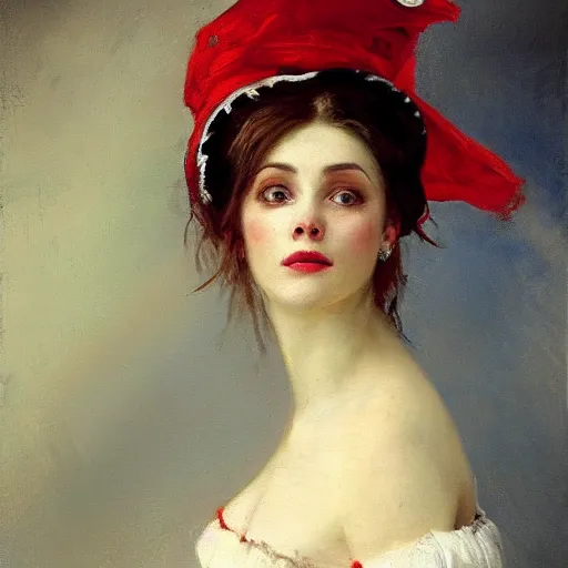 Image similar to Solomon Joseph Solomon and Richard Schmid and Jeremy Lipking victorian genre painting portrait painting of a happy young beautiful woman traditional german french actress model pirate wench in fantasy costume, red background