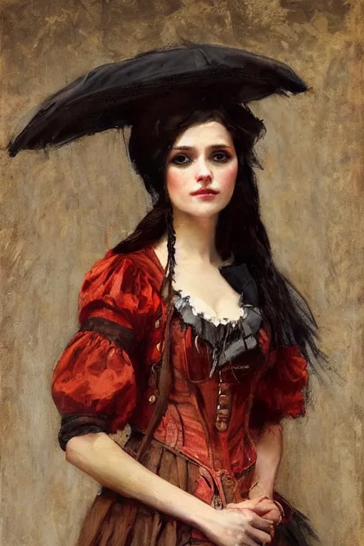 Image similar to Solomon Joseph Solomon and Richard Schmid and Jeremy Lipking victorian genre painting full length portrait painting of a young beautiful woman traditional german french pirate wench in fantasy costume, red background