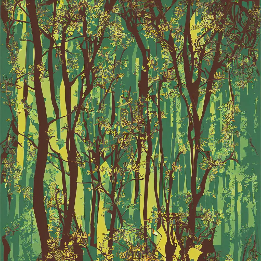 Image similar to an vector art art - deco travel poster for a beautiful forest by petros afahar