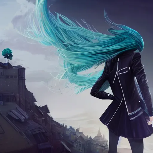 Image similar to low - angle shot from behind of a long blue - haired girl in a tailcoat overlooking demacia, combat boots, noir, screenshot, sharp focus, intricate, illustration, cell shaded, digital painting, highly detailed, straight hair, art by ilya kuvshinov, wlop, greg rutkowski, studio quality, james jean