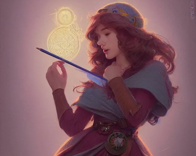 Prompt: hey duggee, holding a notepad and pencil, deep focus, d & d, fantasy, intricate, elegant, highly detailed, digital painting, artstation, concept art, matte, sharp focus, illustration, hearthstone, art by artgerm and greg rutkowski and alphonse mucha