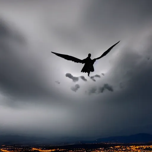 Image similar to the angel of death circling a mountain during a storm at night