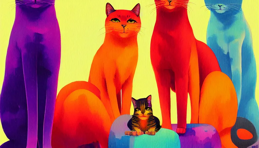 Image similar to contemporary semi abstract acrylic painting of really tall sitting cats by makoto shinkai, by greg rutkowski, by lisa frank, thick brush strokes and visible paint layers, multicolor color scheme