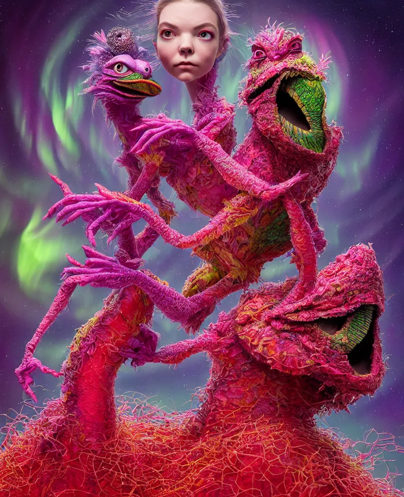 Image similar to hyper detailed 3d render like a Oil painting - kawaii portrait of two Aurora (a beautiful skeksis muppet fae princess protective playful expressive from dark crystal that looks like Anya Taylor-Joy) seen red carpet photoshoot in UVIVF posing in scaly dress to Eat of the Strangling network of yellowcake aerochrome and milky Fruit and His delicate Hands hold of gossamer polyp blossoms bring iridescent fungal flowers whose spores black the foolish stars by Jacek Yerka, Ilya Kuvshinov, Mariusz Lewandowski, Houdini algorithmic generative render, golen ratio, Abstract brush strokes, Masterpiece, Edward Hopper and James Gilleard, Zdzislaw Beksinski, Mark Ryden, Wolfgang Lettl, hints of Yayoi Kasuma and Dr. Seuss, octane render, 8k