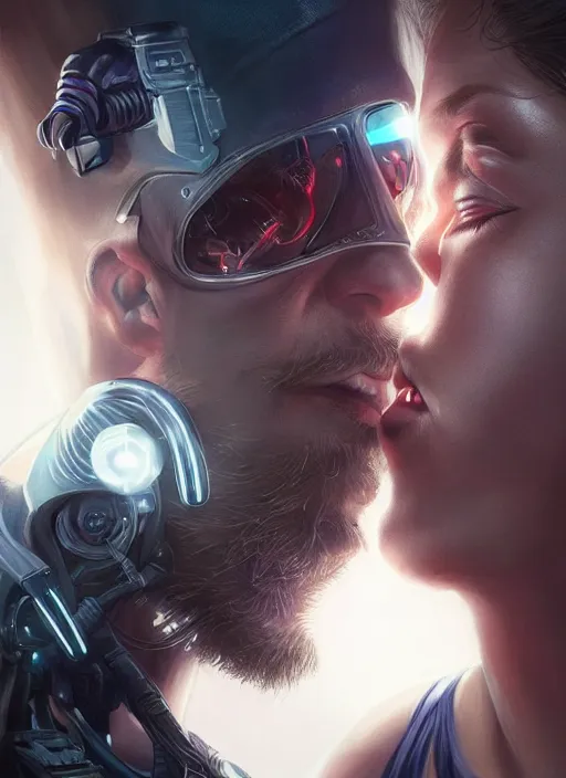 Image similar to ultra realistic close - up of a couple of cyborgs kissing, lovers, cyberpunk, sci - fi, fantasy, kodak, led color, flare, soft light, night, highly detailed, digital painting, concept art, sharp focus, illustration, art by artgerm and greg rutkowski