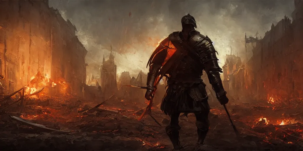 Image similar to a painting of a cinematic keyframe of a medieval knight warrior with his sword walking into a destroyed medieval town, with fire by greg rutkowski, rule of thirds, golden ratio, ambient lighting, wlop, artgerm, artstation, highly detailed masterpiece, dark fantasy art, high detail, trending on artstation