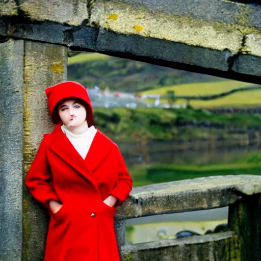 Prompt: technicolor. ireland 1 9 6 0 s. girl in a red coat near a bridge