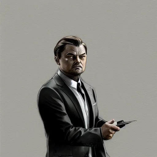 Image similar to full figure ultra realistic illustration, leonardo dicaprio as business man, intricate, elegant, highly detailed, digital painting, artstation, concept art, smooth, sharp focus, illustration, art by artgerm and greg rutkowski and alphonse mucha