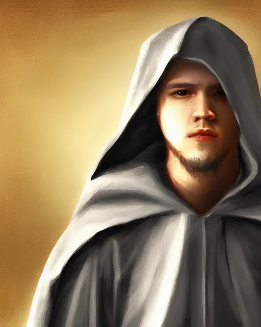 Image similar to digital art portrait of a young man in dark robes, hooded, made by WLOP, WLOP